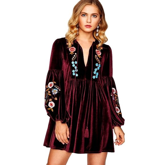 Velvet Floral Embroidered Lantern Sleeve Tunic Dress 3XL *NWT* - Picture 1 of 8
